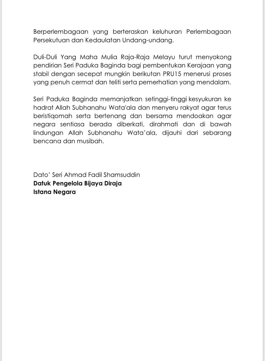 XavierNaxa's tweet photo. Kenyataan Media Istana Negara: Dato' Seri Anwar Ibrahim sah Perdana Menteri ke-10. https://t.co/axJZe4sl2B