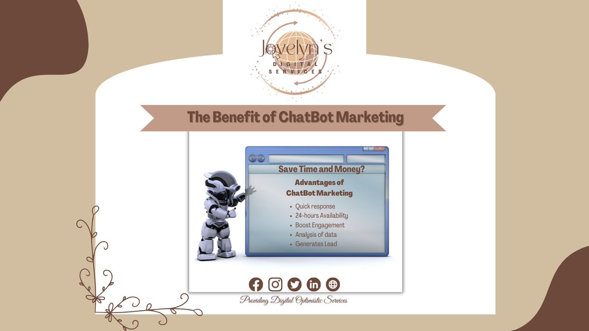 JulianoJovelyn's tweet photo. Save Time and Money? 😉
With the power of chatbot marketing, it provides continuous communication between your business and customer. 🤖
Get in touch today for a FREE Consultation. 💯
Please visit my website: https://t.co/Y5vgRRdxOi
#ChatbotExpert #ChatbotFacebook https://t.co/RT8Uo6YH5i