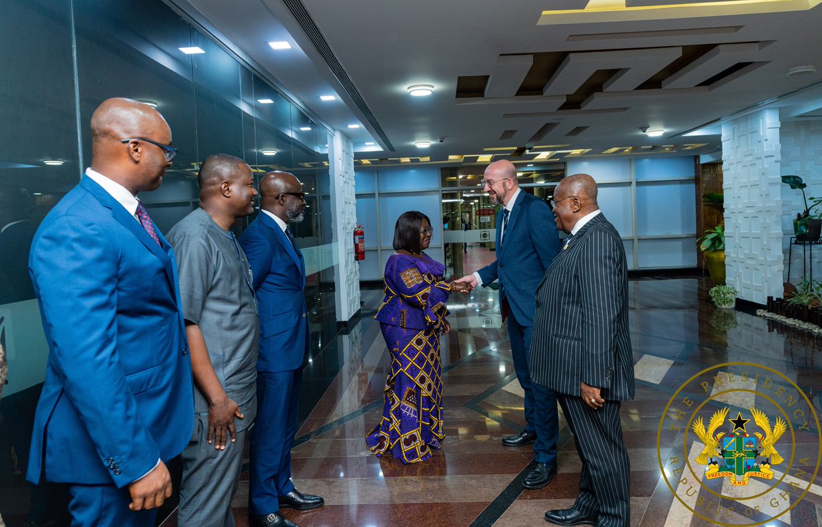 GhanaPresidency's tweet photo. President of the European Council, H.E. Charles Michel paid a courtesy call on H.E. @NAkufoAddo at the seat of our nation's presidency, Jubilee House. The meeting was to deepen the co-operation and ties of friendship between Ghana and the European Council. https://t.co/PbHRRbFFyr