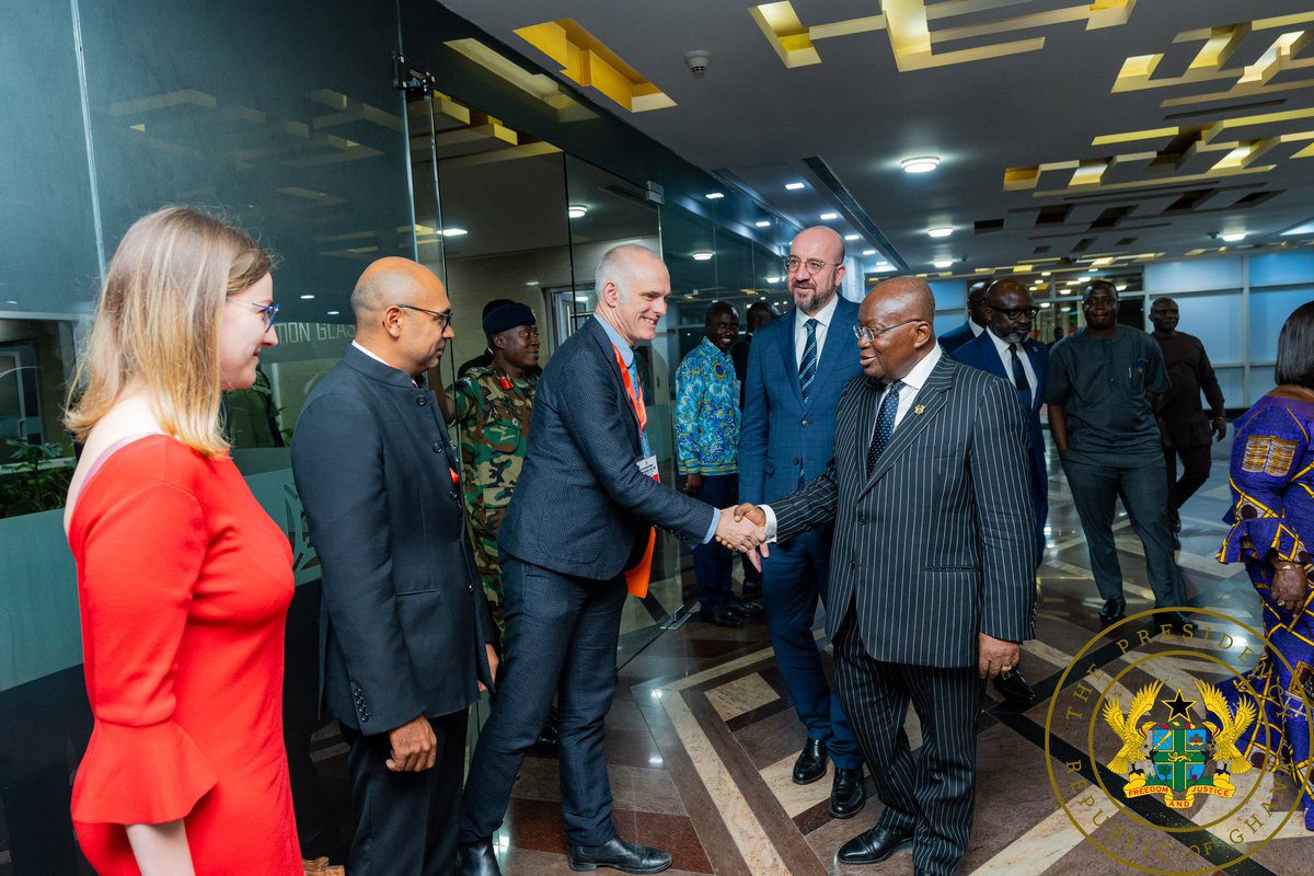 GhanaPresidency's tweet photo. President of the European Council, H.E. Charles Michel paid a courtesy call on H.E. @NAkufoAddo at the seat of our nation's presidency, Jubilee House. The meeting was to deepen the co-operation and ties of friendship between Ghana and the European Council. https://t.co/PbHRRbFFyr