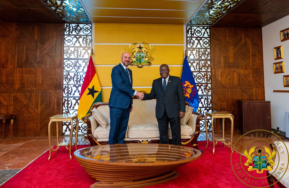 GhanaPresidency's tweet photo. President of the European Council, H.E. Charles Michel paid a courtesy call on H.E. @NAkufoAddo at the seat of our nation's presidency, Jubilee House. The meeting was to deepen the co-operation and ties of friendship between Ghana and the European Council. https://t.co/PbHRRbFFyr