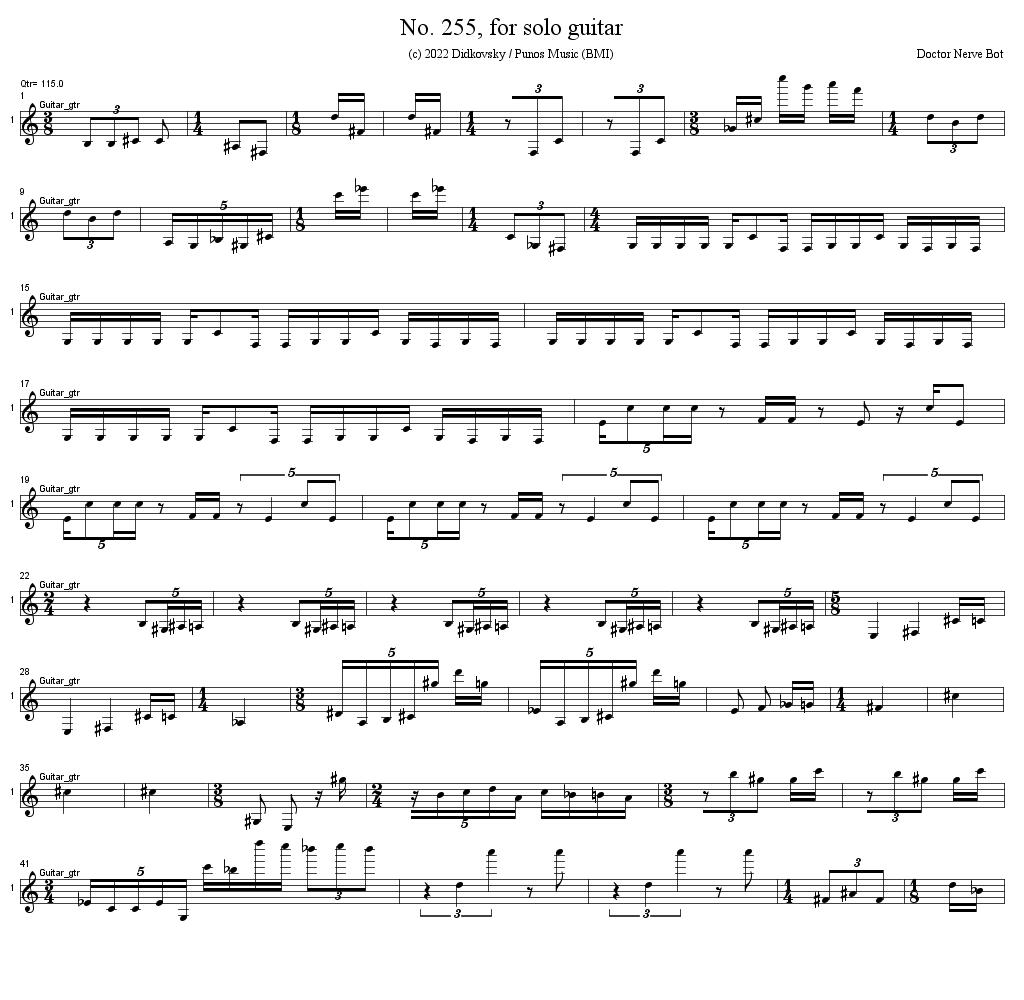 BotNerve's tweet photo. No. 255, for solo guitar, page 1/2, (c) 2022 Didkovsky / Punos Music (BMI). Created 2022-11-24_00:48:25 by @DoctorNerve and @BotNerve #NickDidkovsky #MusicBot #SoloGuitar #MusicalGrammars https://t.co/05uVYQG9j5