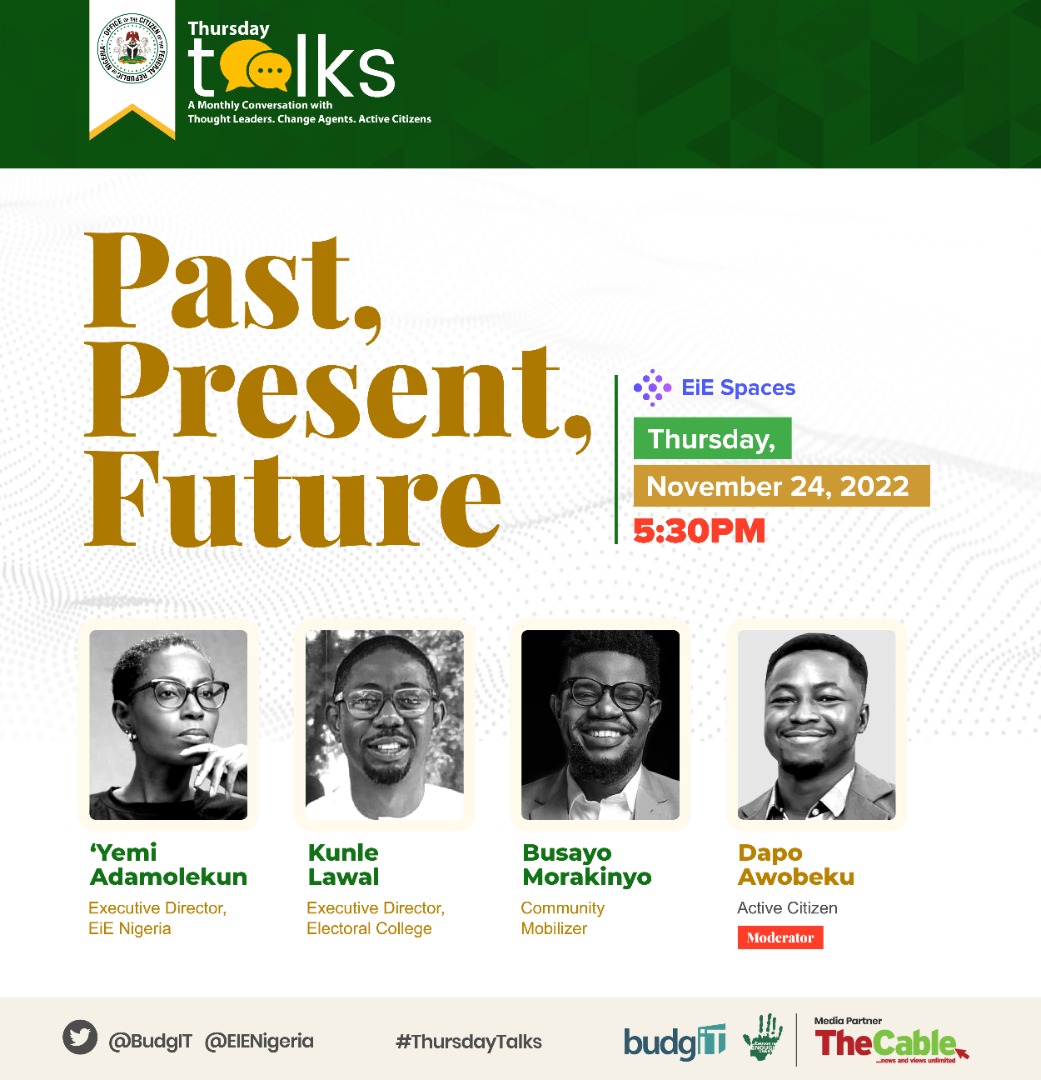 DapoAwobeku's tweet image. Back temporarily to moderate this conversation today with @_yemia, @damibusayo, and @kunlelawal on @EiENigeria&apos;s spaces (best belief, I don&apos;t know how this works. lol). 

Time: 5:30pm. 

Join in!

#ThursdayTalks