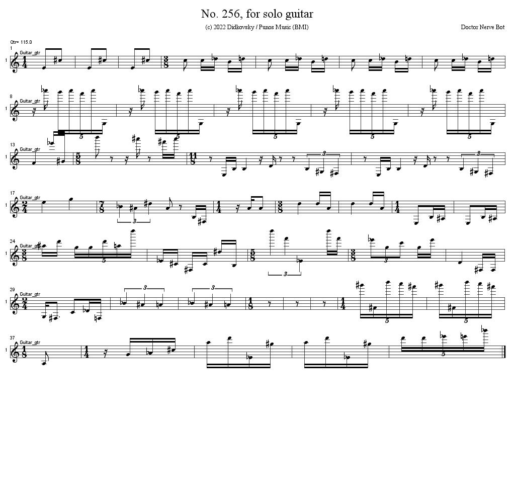 BotNerve's tweet photo. No. 256, for solo guitar, page 1/1, (c) 2022 Didkovsky / Punos Music (BMI). Created 2022-11-24_00:58:29 by @DoctorNerve and @BotNerve #AlgorithmicComposition #Guitar #MusicNotation #ArtificialCreativity https://t.co/HpHzxlZYJH
