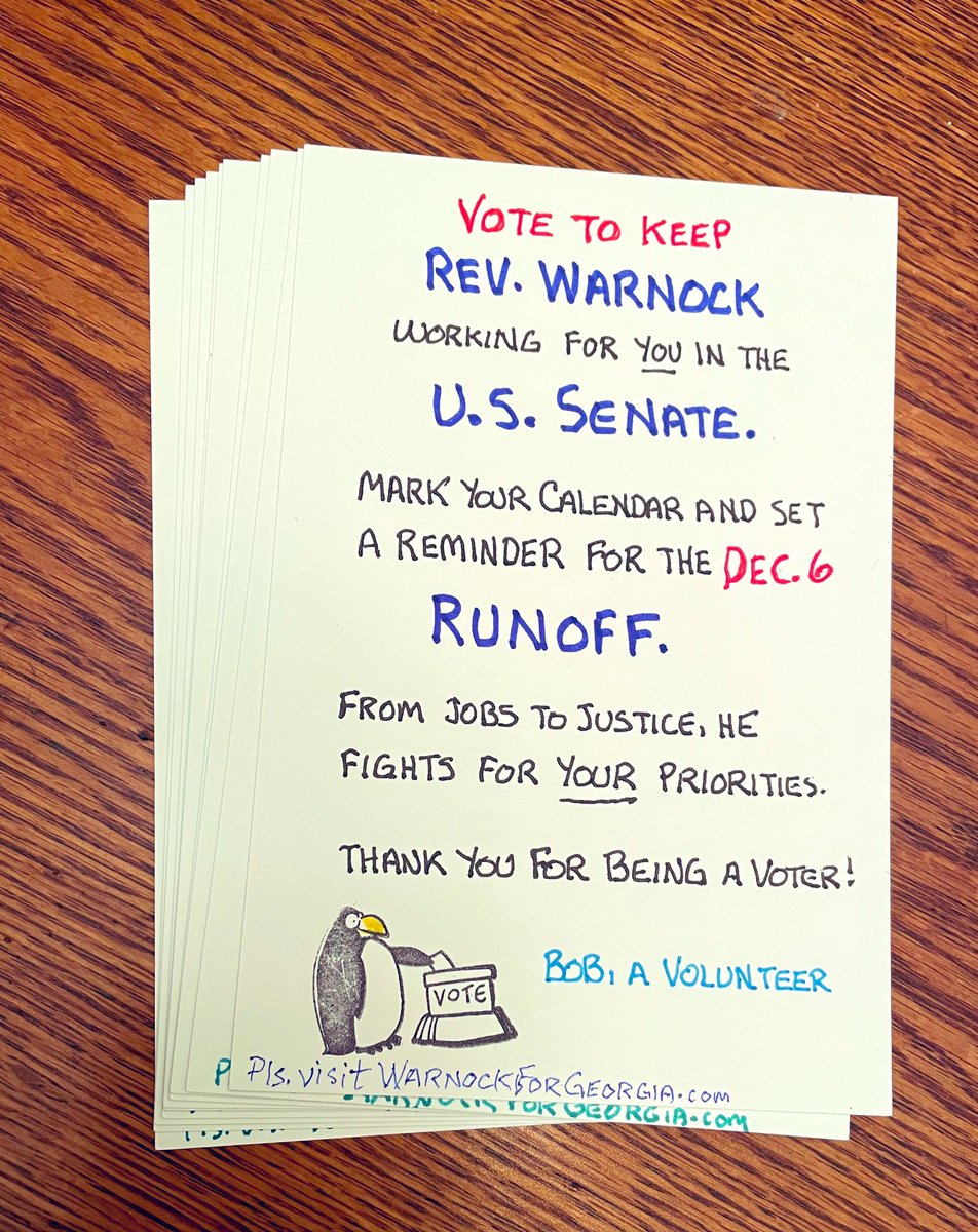 Ready for the Friday mail are 10 #PostcardsToVoters in Georgia. Let’s win this race! 
Happy Thanksgiving to all you postcard peeps!
#GoWarnock 
#WarnockForGeorgia 
#WarnockWorksForGA
