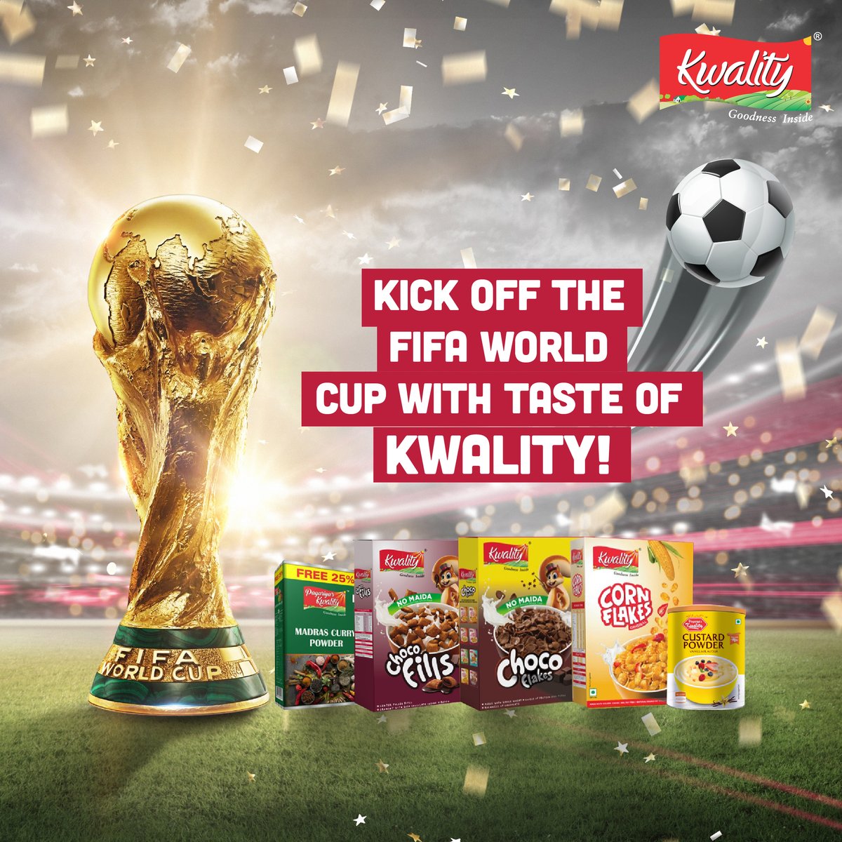 Kwality_Foods's tweet photo. Kick off the FIFA World Cup with the taste of kwality!
.
.
.
#kwality #kwalityfoods #fifaworldcup2022 #fifaworldcup #fifa #chocofills #chocoflakes #cornflakes #custardpowder #madrascurrypowder https://t.co/L9udyQxZqW