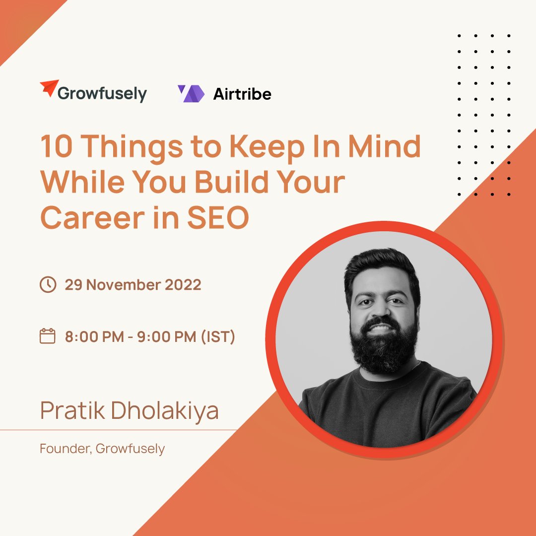 Get ready!

<a href="/DholakiyaPratik/">Pratik Dholakiya</a> will share his 10+ years of experience to keep 10 things in mind to build a career in SEO, in a masterclass with <a href="/airtribe_live/">Airtribe</a>.

Tag someone who should attend this. 👇

📢The registration link is in the replies.

#SEO #masterclass #career