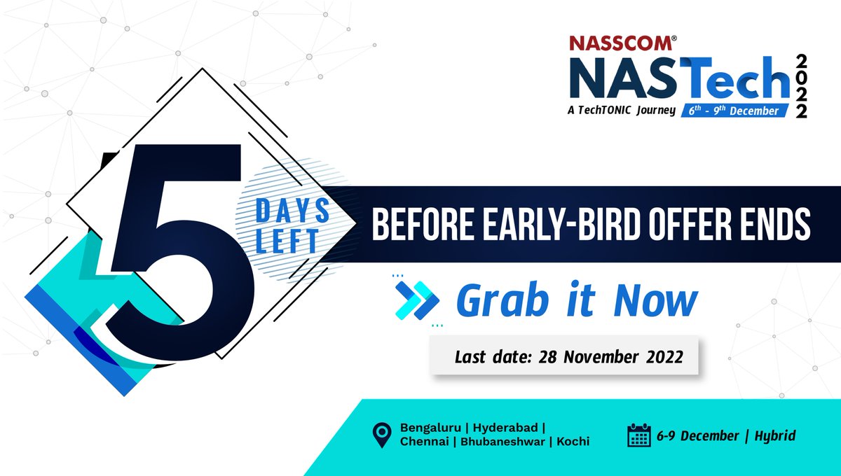 nasscom_member_'s tweet photo. Only 5 days left! You heard it right, grab the early bird offer before 28th November!
Be a part of #NASTech2022 - A TechTONIC Journey to witness eminent leaders from various realms discuss deep tech solutions
6-9 Dec | #4Days5cities | Hybrid
Register Now:https://t.co/Or2S8ivjTN https://t.co/HWMy8WVHNE