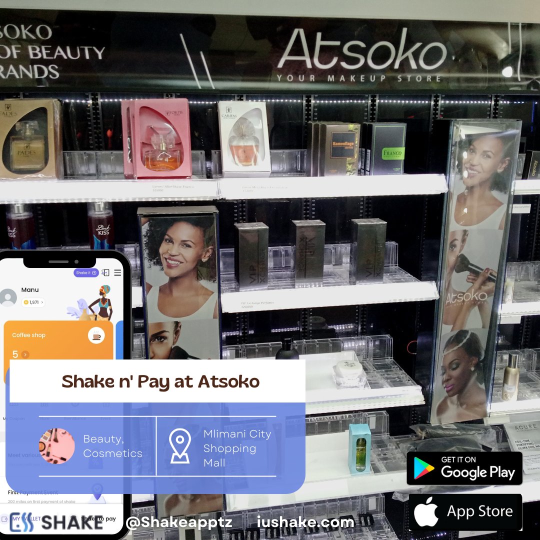 Atsoko are officially a Shake merchant. Now you can Shake n' pay for all your beauty, cosmetics and self-care products at their Mlimani City Shopping Mall Store. Link to download the Shake app in bio. 
#shake 
#iushake