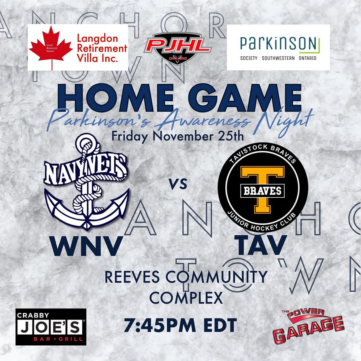 the <a href="/WDSKNavyVets/">Woodstock Navy Vets</a> host the <a href="/tavistockbraves/">Tavistock Braves</a> on Friday night at Southwood Arena for Parkinson Society Awareness Night !!! ... #anchortown