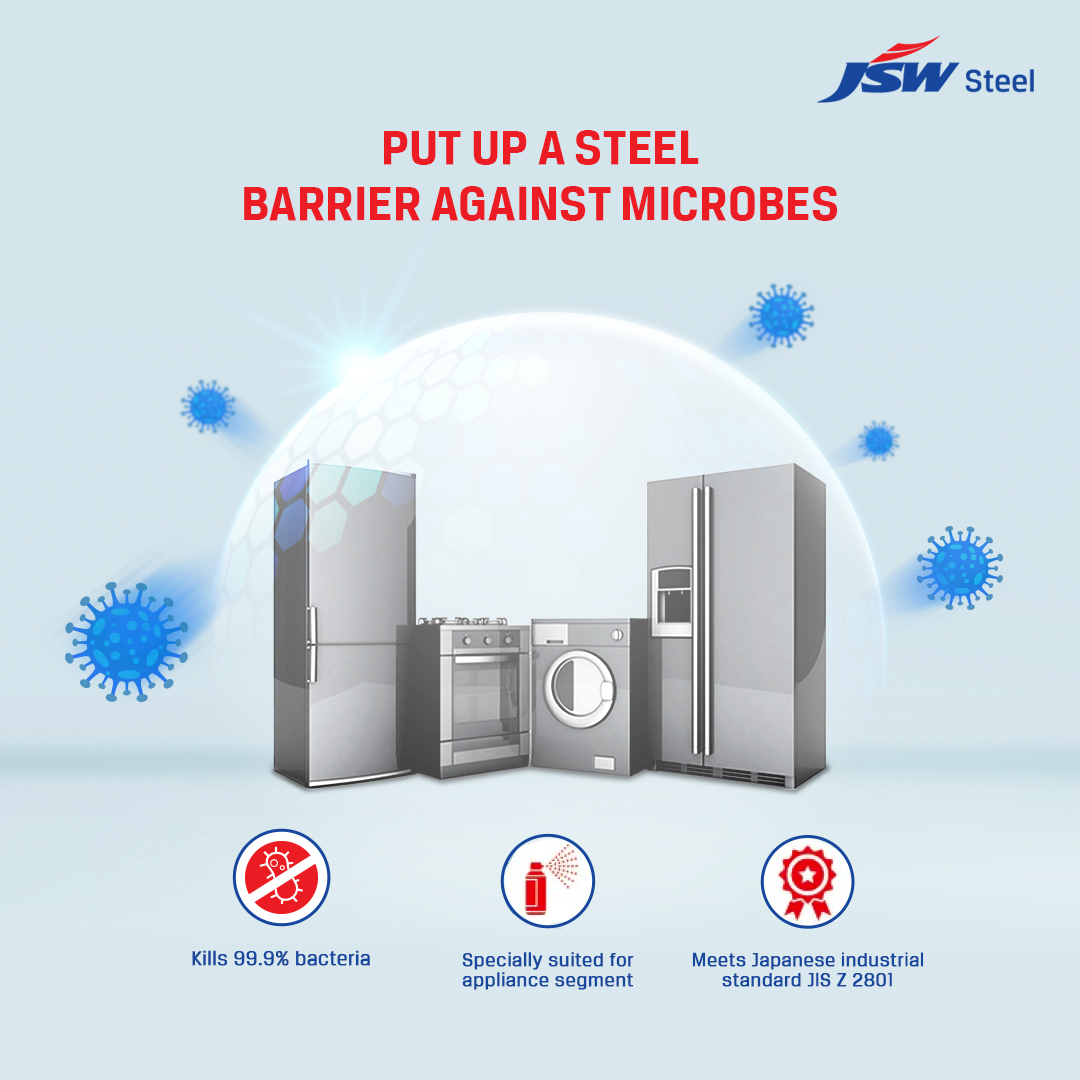 jswsteel's tweet photo. JSW Radiance anti-microbial coil coating is made to protect appliances. This special additive coating is non-toxic to humans and lethal to microbes. It provides complete protection in even the most inaccessible corners
#JSWSteel #JSWRadiance https://t.co/5UEeoeAcw0