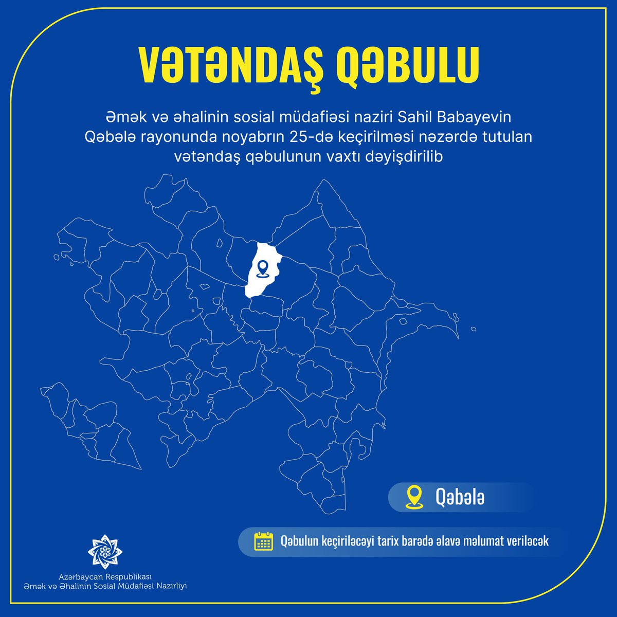 sosial_gov_az's tweet photo. ❗️❗️ Nazir Sahil Babayevin Qəbələ rayonunda keçirəcəyi vətəndaş qəbulunun vaxtı dəyişdirilib.

Qəbulun keçiriləcəyi tarix barədə əlavə məlumat veriləcək.

https://t.co/ykeEimSoHS https://t.co/t0xsIX8rXt