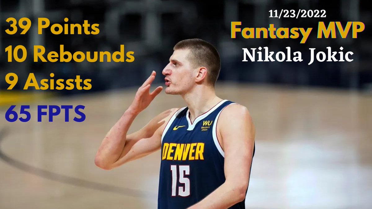 GameOfInchesSN's tweet image. #NikolaJokic is tonight's fantasy sports MVP.

He dropped 39 points, 10 rebounds, and 9 assists in tonight's overtime win against the Oklahoma City Thunder. 

#FantasyBasketball #NBA #Basketball