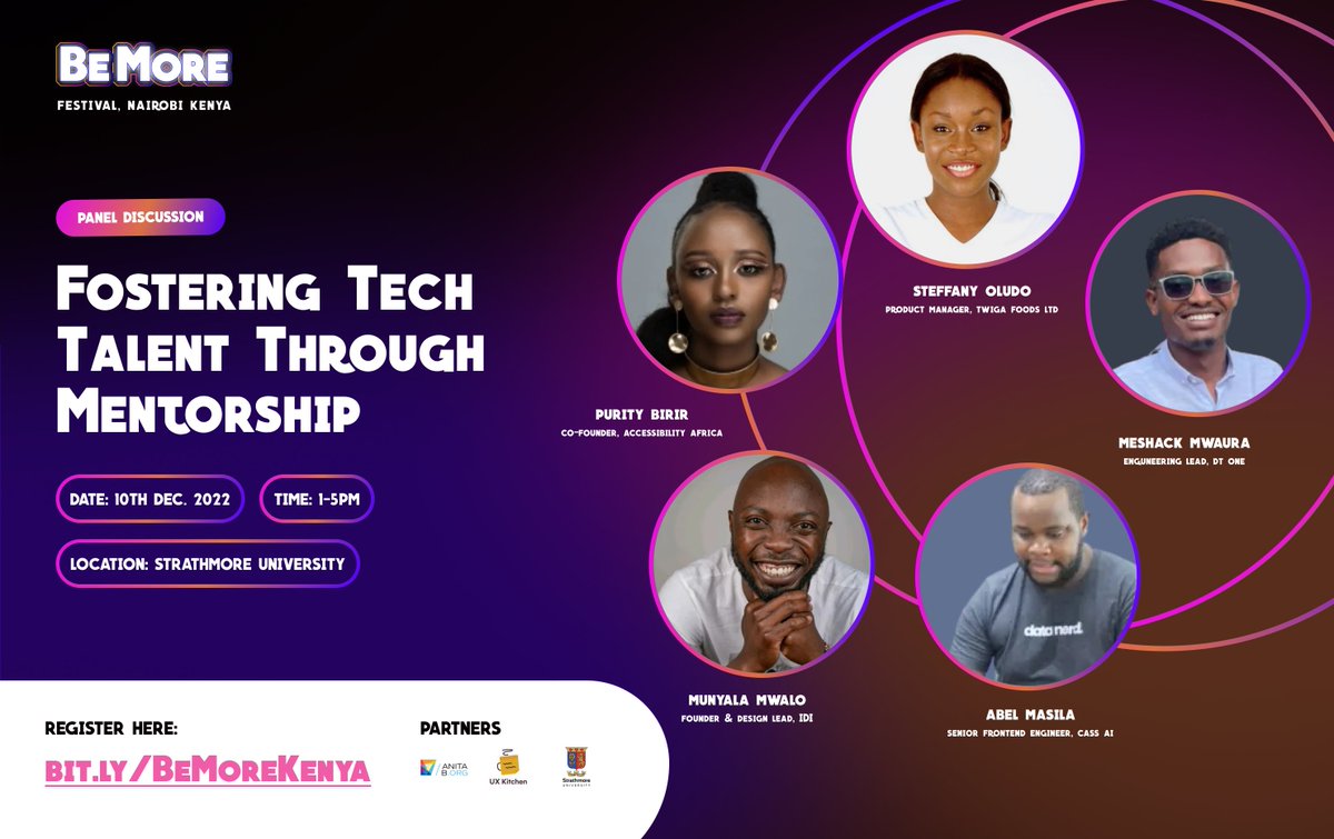 🥁Introducing our panelists for the forthcoming @ADPList's #BeMore Festival Kenya Edition. We'll have #productdesigners #productmanagers & #engineers with us 🚀.'If you can't see where you're going, ask someone who's been there'. Join the waitlist here: bit.ly/BeMoreKenya