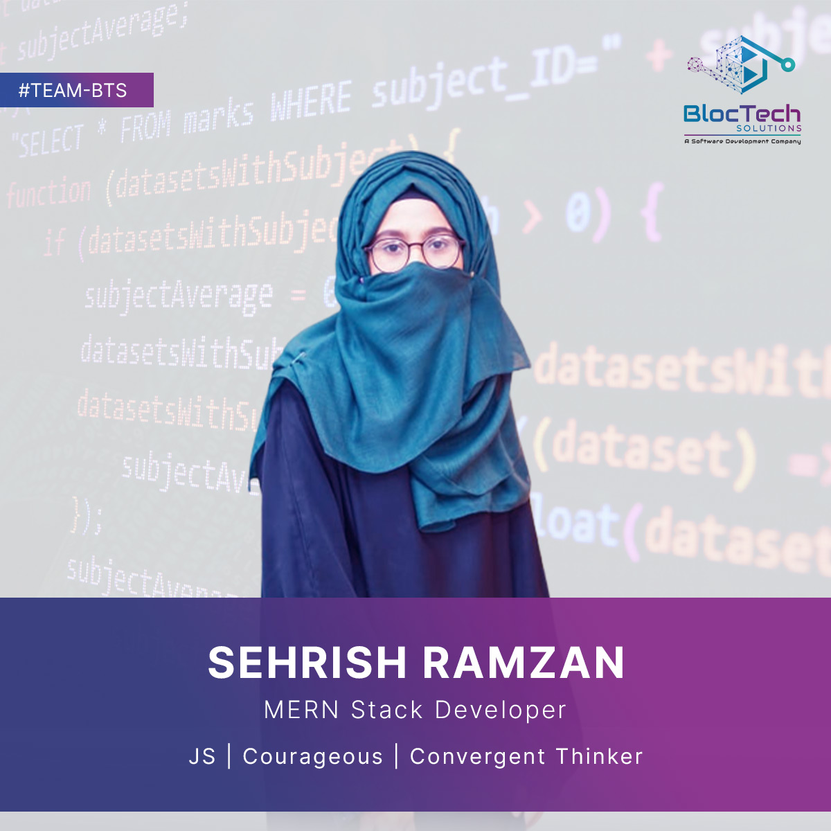 bloctechsol's tweet image. Meet Sehrish Ramzan, MERN Stack Developer at BlocTech Solutions. 🌟

#bloctechsolutions #SoftwareDeveloper #teamwork