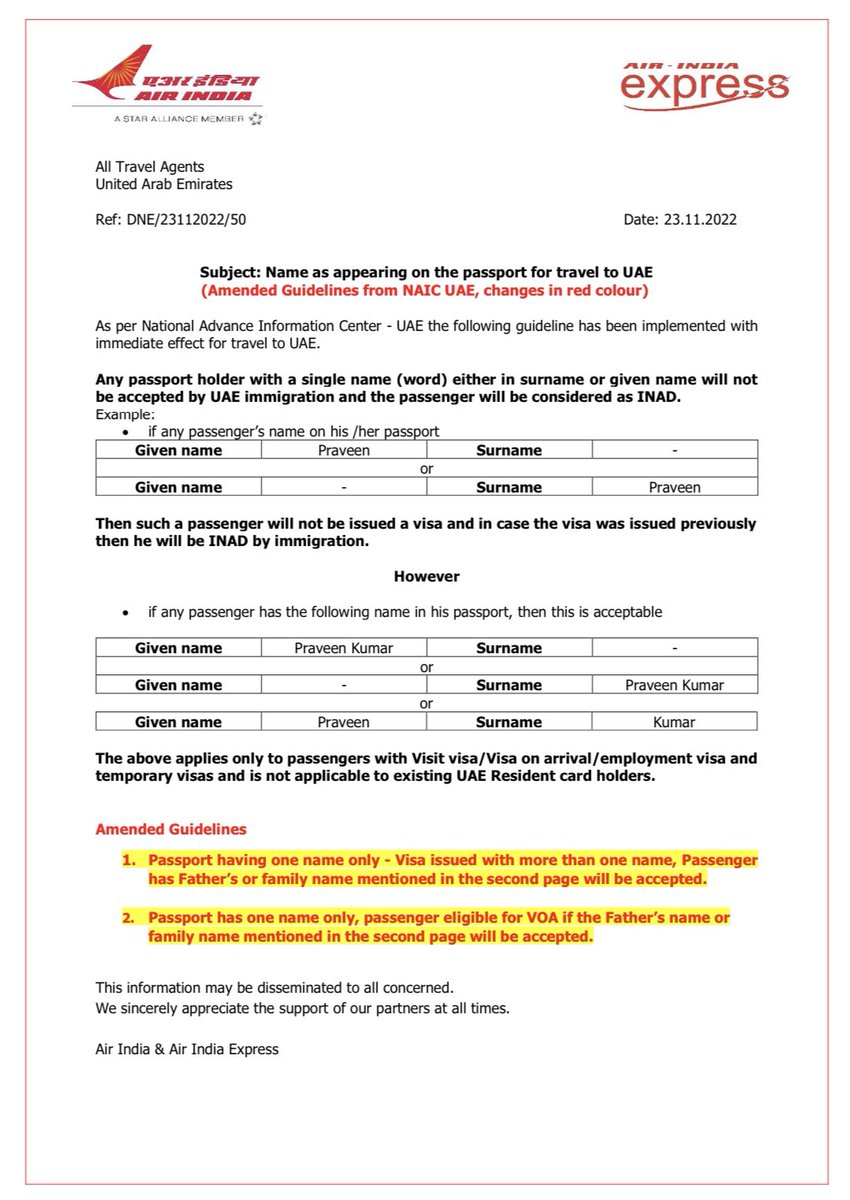 cgidubai's tweet photo. Guidelines from NAIC,UAE for passengers with a single name on passport:
*Visa issued with more than one name,passenger has father's/family name mentioned in the 2nd page is accepted.
*Passenger eligible for VOA if the father's/family name mentioned in the 2nd page is accepted. https://t.co/rO9JjunPvC
