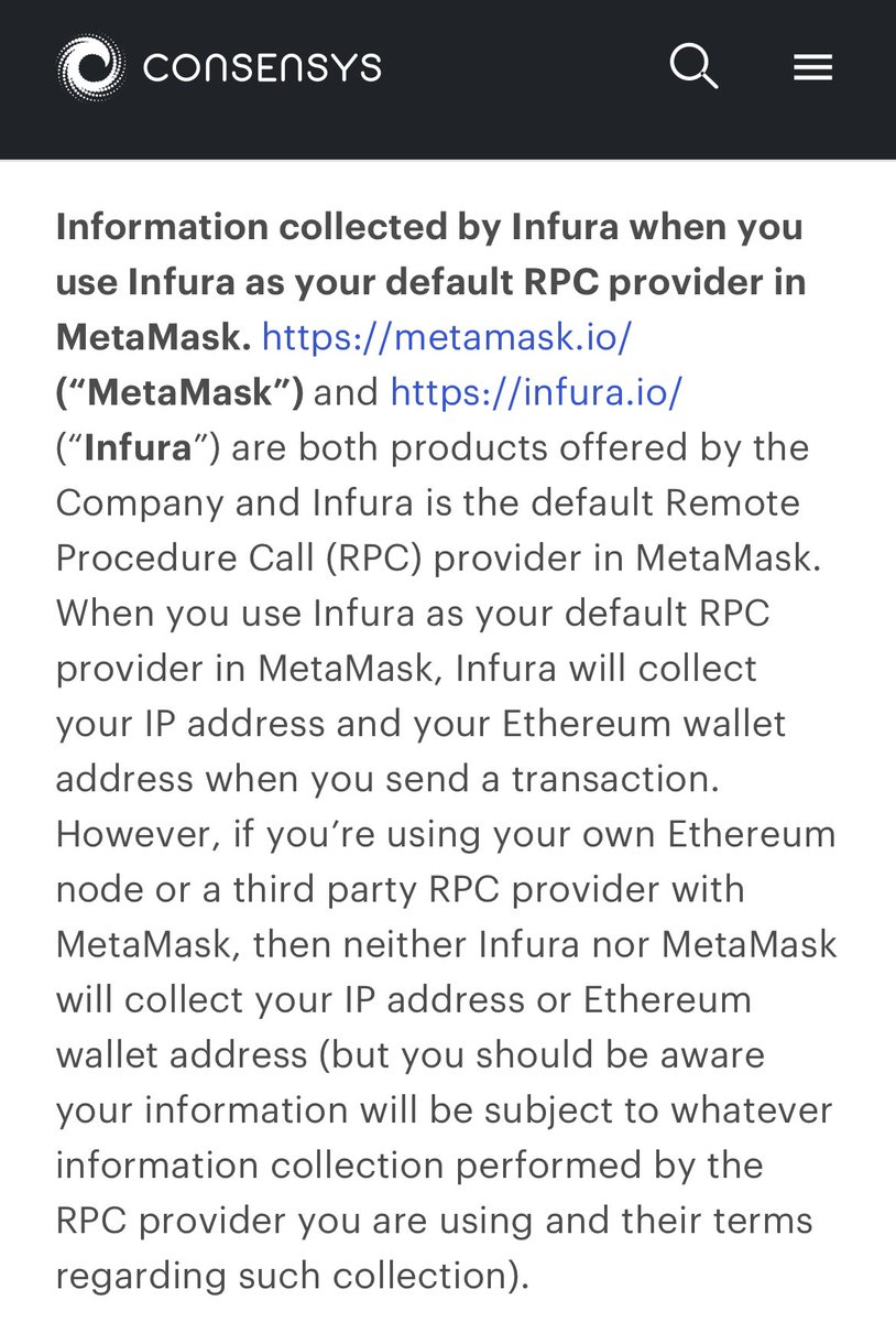 L’adresse IP de l’utilisateur ainsi que celle de son wallet seront désormais collectées par MetaMask lorsque le RPC sélectionné sera Infura (c’est celui par défaut)

MetaMask et Infura appartiennent à @ConsenSys et sont au coeur du développement d’Ethereum