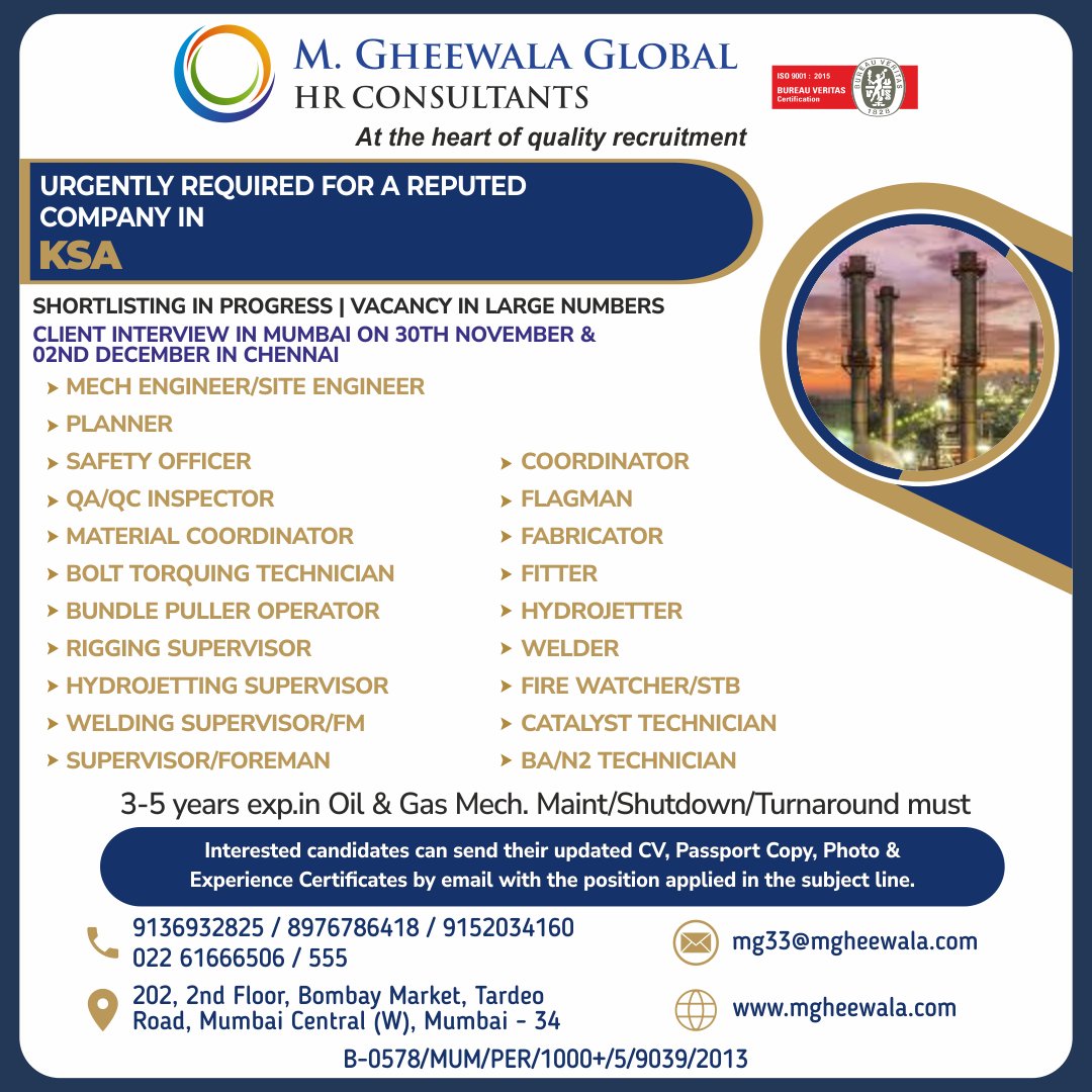 mgheewala_hrc's tweet photo. Job Vacancies for #Saudiarabia
Interested Candidates can send the updated resume to mg33@mgheewala.com
Learn More https://t.co/Ps4bxv2mB1
#engineer #planner #safetyofficer #qcinspector #coordinator #materialcoordinator #technician #pulleroperator #supervisor #oilandgas https://t.co/iMYhkcYIcX