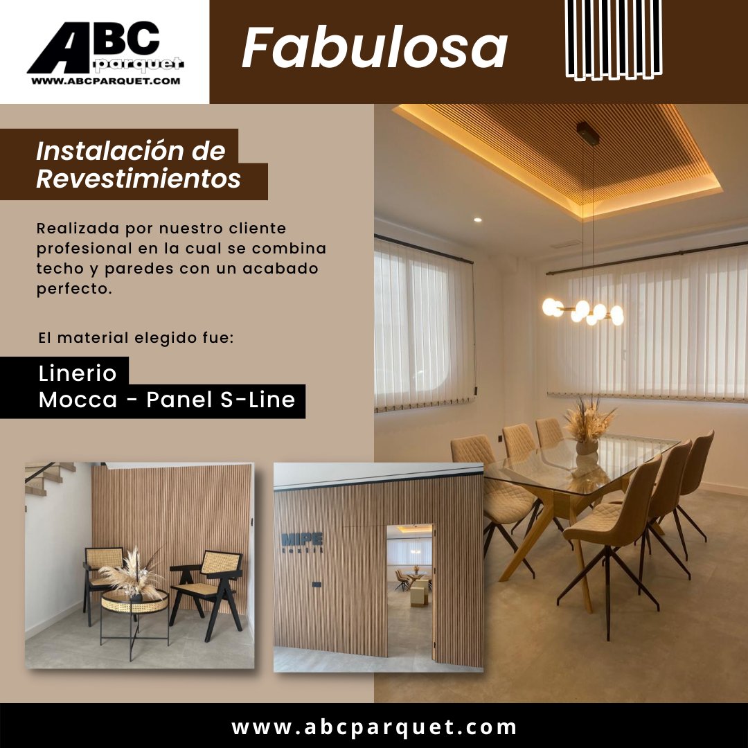 ABCparquet's tweet photo. 🔔 ¡FABULOSA instalación de Revestimientos!

👉 Ha sido realizada por nuestro cliente profesional combinando techo y paredes con un acabado al máximo detalle.

📍 Las proporciones del Mocca - Panel S-Line ofrecen un aspecto equilibrado de calidad premium. https://t.co/H7Zfq2qTF2