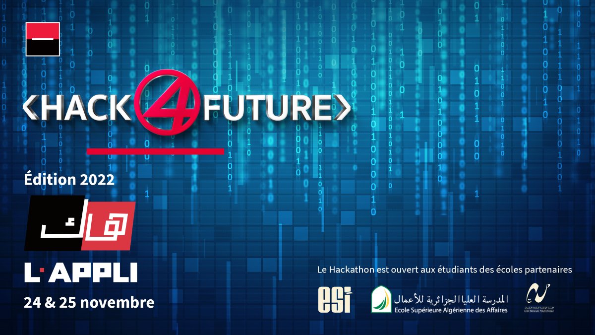 SG_Algerie's tweet photo. Nous vous annonçons l'ouverture officielle de notre Hackathon « Hack 4 Future » aujourd’hui, au niveau de notre siège social AFAK, sur deux jours, pour prototyper des solutions innovantes.

#TheFutureIsYou #Hack4Future #Innovation #Banquedigitale https://t.co/y5ReT5DKsO