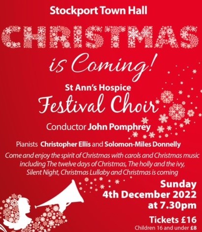St Ann's Hospice Festival Choir Christmas is coming concert - fundraiser for our wonderful <a href="/stannshospice/">Moya Cole Hospice</a> 
It is a fun evening - join in some carols! Help raise funds- start to feel Christmassy! hospicechoir.org #stockportevents #christmascarols @stockporttownhall