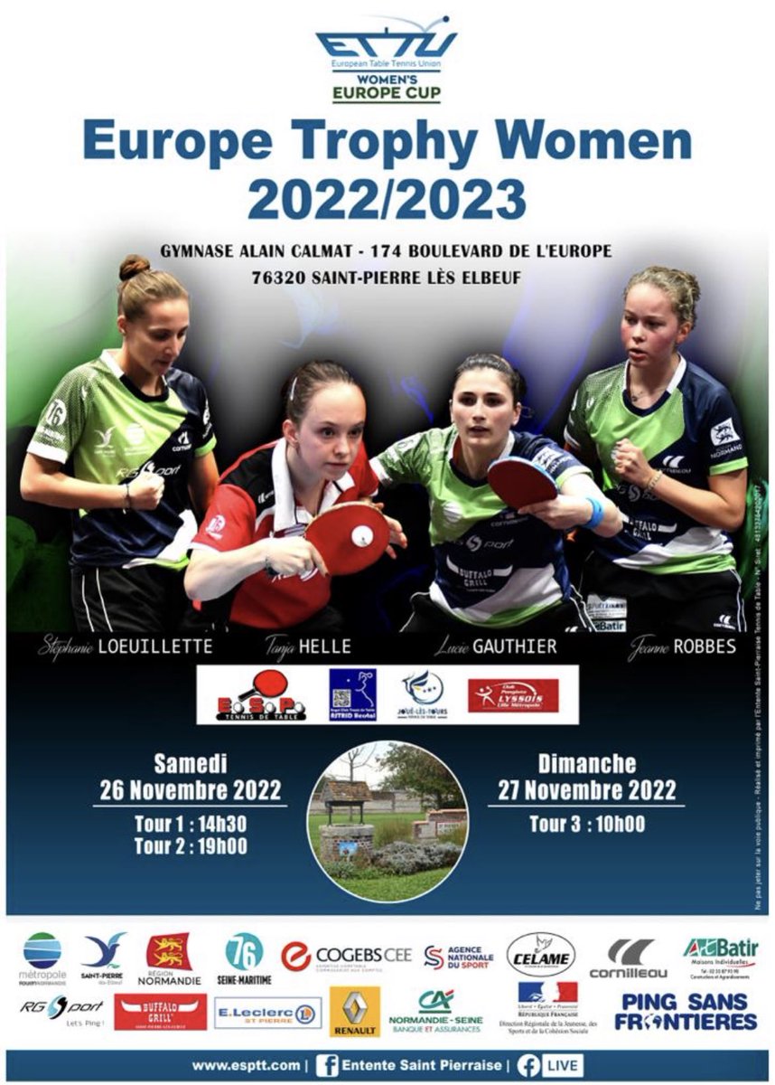 EntenteDe's tweet photo. 🏓 WEEK-END COUPE D’EUROPE🏓
l’ESPTT accueille la Coupe d’Europe Samedi 26 Novembre et Dimanche 27 Novembre. 
Début des rencontres ce samedi à partir de 14h30 salle A. Calmat. 
Nous vous attendons très nombreux pour venir encourager Stéphanie, Lucie et Jeanne 👏💪 https://t.co/n32GFRmRao
