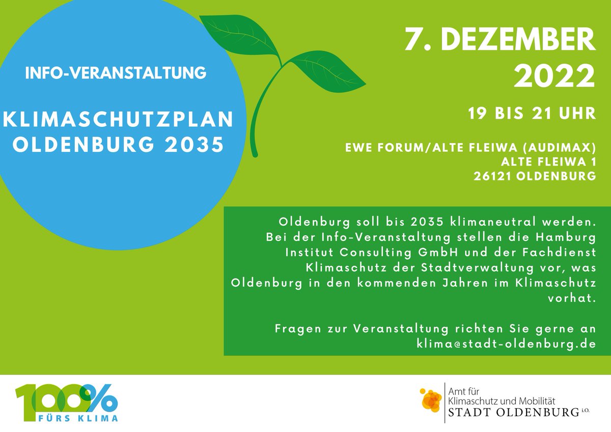 Um ein klimaneutrales #Oldenburg zu erreichen, haben wir zsm. mit <a href="/HH_Institut/">Hamburg Institut</a> den "Klimaschutzplan Oldenburg 2035" erstellt. Diesen wollen wir euch gerne vorstellen: Mi, 7.12. 19-21 Uhr in d. Alten Fleiwa (Raum Audimax). Fragen z. Veranstaltung gerne an klima@stadt-oldenburg.de.