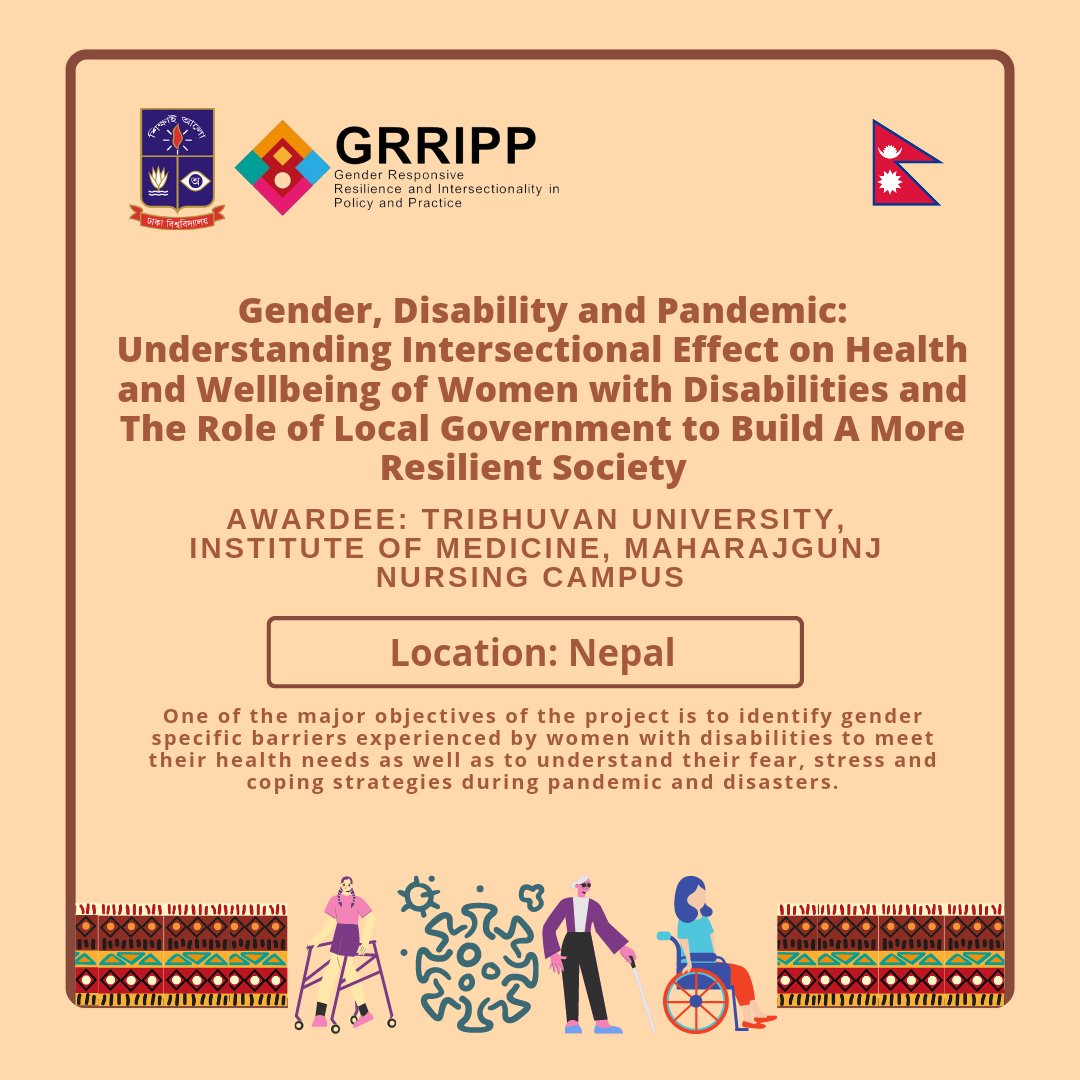 DisastersRadix's tweet photo. The #Awardee of @GRRIPP_SA, Tribhuvan University of #Nepal has implemented a project on "#Women #Disability &amp; #Pandemic: Understanding Intersectional Effect on #healthandwellbeing of #WomenwithDisabilities &amp; the role of #LocalGovernment to build a more #ResilientSociety.
@grripp https://t.co/dt8rDpHxVw