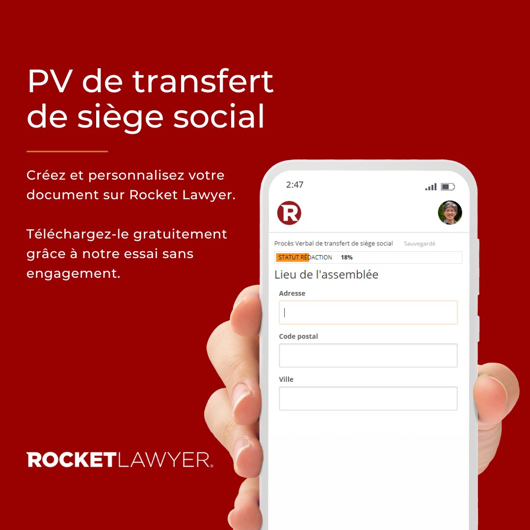 Votre siège social change d'adresse ? 🏢
Déclarez votre nouvelle adresse principale de domiciliation conformément aux exigences de la loi. Créez votre procès-verbal de transfert de siège social à fournir aux greffes de Tribunal de commerce sur notre site 👉bit.ly/3EycAju