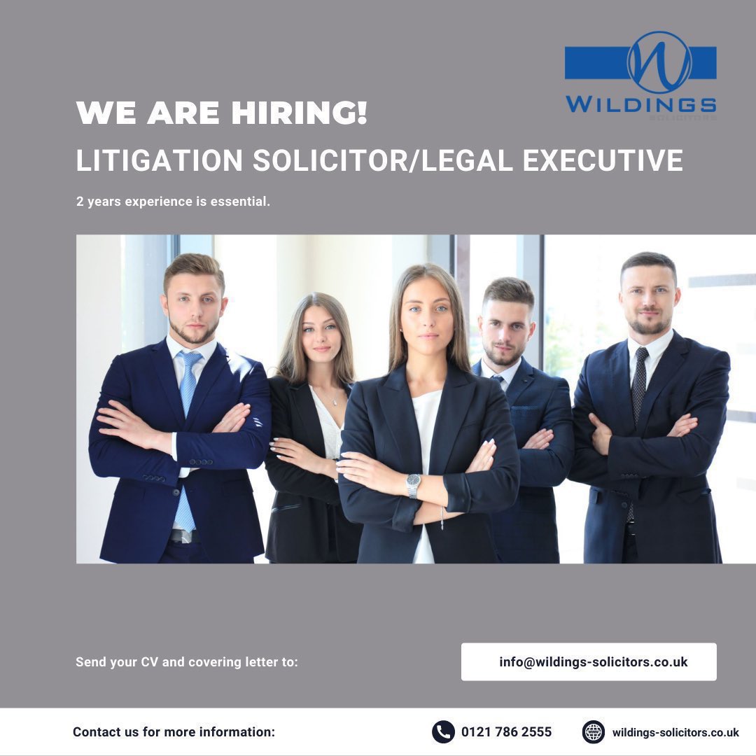 🔔 We are hiring!

Come and join our Litigation Team. We are looking for an experienced Legal Executive/Paralegal/Solicitor to join our expanding team at Wildings.

Find out more about the role/apply now:

📞 01217862555
📧 info@wildings-solicitors.co.uk

#HIRINGNOW #legaljobs