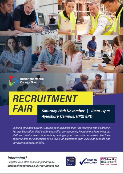 BCGCareers's tweet photo. DATE FOR YOUR DIARY - THIS SATURDAY 26TH!

We are running a recruitment fair at our Aylesbury campus on 26/11. This is a great opportunity to meet staff and hear about some of our exciting vacancies. We hope to see lots of you there!

#furthereducation #recruitmentfair https://t.co/yfFd5L9vs1
