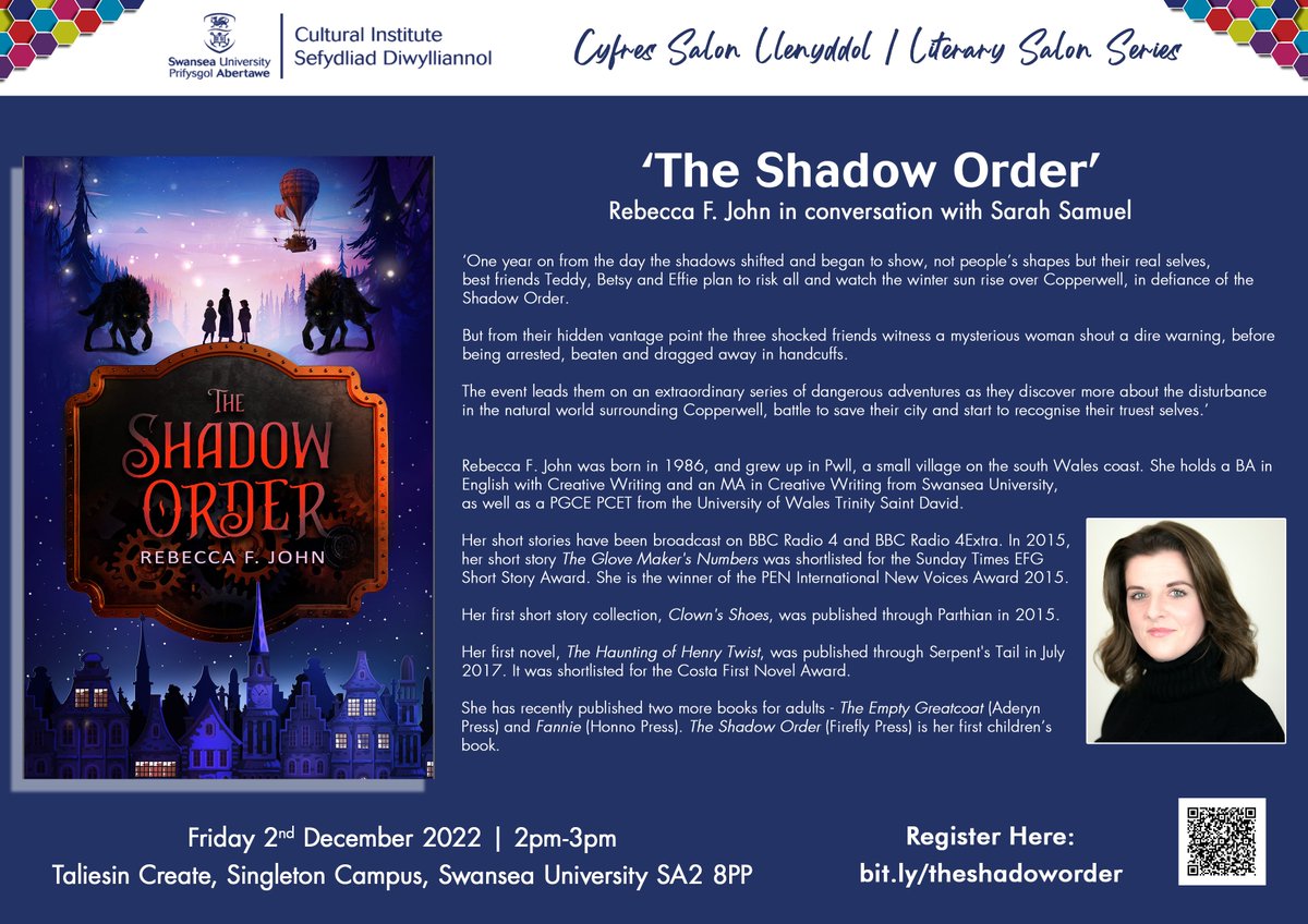 Culture_SwanUni's tweet photo. 📚 Join @Swansea_Alumni and Costa-nominated author @Rebecca_Writer at @TaliesinCreate on Friday 2nd December (2pm), as we celebrate the launch of her first children's book - a middle-grade novel 'The Shadow Order' (@FireflyPress).

FREE tickets 🎟️: https://t.co/pb1lYR5Xki https://t.co/aHdgnUbpGZ