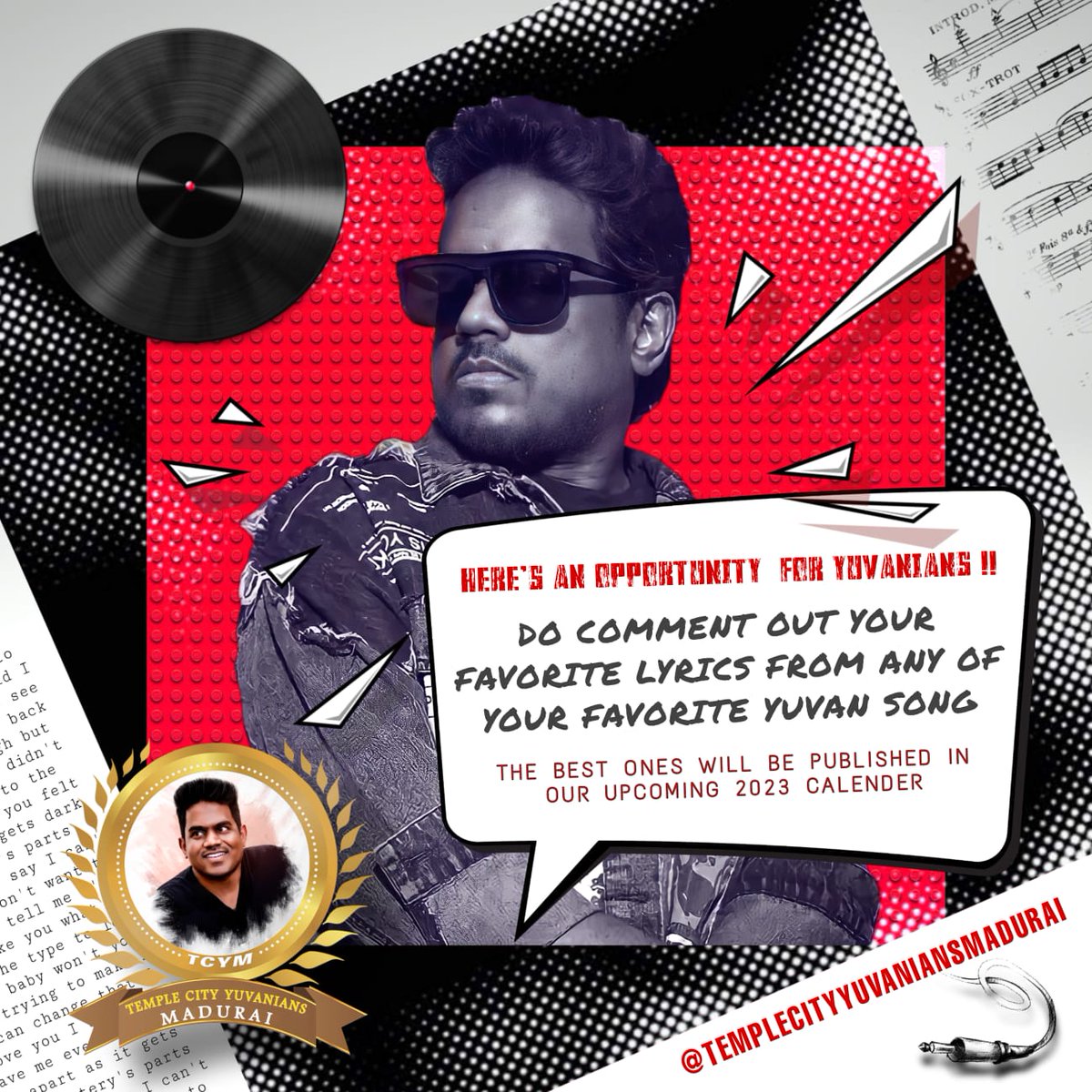 StarVersatile1's tweet photo. Yuvanians,
Mention your Favourite Lyrics sung by thalaivan @itsyuvan. Best ones will be featured in our upcoming 2023 Calendar.

#YuvanShankarRaja  #TempleCityYuvaniansMadurai #TCYM #Madurai #U1Fans https://t.co/tHpDIyZ5UV