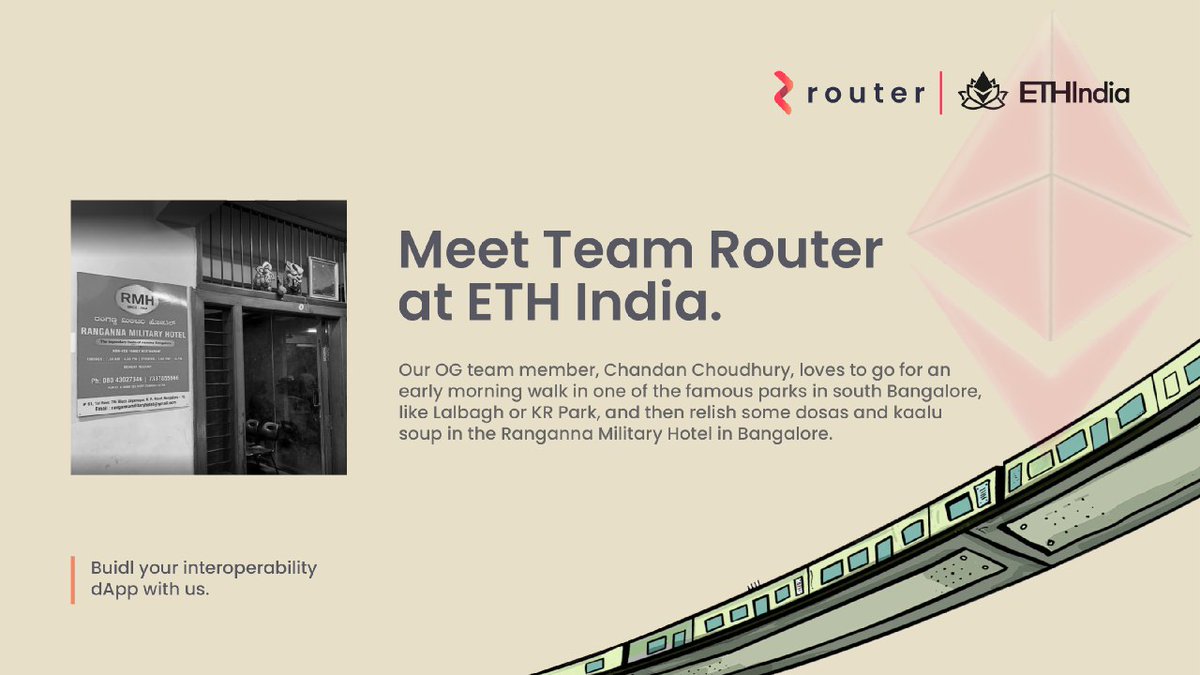 routerprotocol's tweet photo. Router's another OG, @cchoudury will also be at #ETHIndia, Bengaluru from 2nd to 4th Dec๐
Catch up with him (DM us), to discuss Interoperability and how your project can enable crosschain capabilities with Router in few easy steps โจ
#RouterAtEthIndia #Interoperability #BUIDL https://t.co/4NVYbj97zu