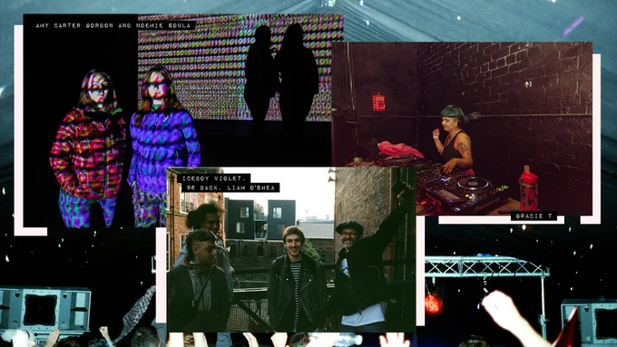 Three potographs from No Bounds festival. The first of Amy Carter Gordon and Noemie Soula at Moor Street Substation. The second of Iceboy Violet, 96 Back, Liam O'Shea and another person. The third of Gracie T DJing