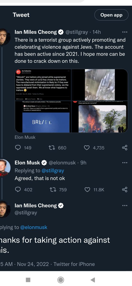 ian calls <a href="/jisrcollective/">Jisr Collective</a> a "terrorist group" for tweets, appeals to <a href="/elonmusk/">Elon Musk</a> &amp; they are directly suspended ... get why the first tweet is problematic &amp; indeed i critiqued it in replies, but this "free speech" zone remains heavily tilted against those resisting imperial violence