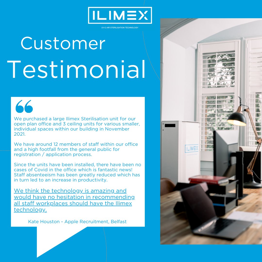 IlimexL's tweet image. ⭐ 𝐂𝐋𝐈𝐄𝐍𝐓 𝐓𝐄𝐒𝐓𝐈𝐌𝐎𝐍𝐈𝐀𝐋 ⭐

Just received a wonderful #review from the Director of @AppleRecBelfast ⬇

Well done on #protecting your #business and #staffwellbeing with Ilimex and thank you! 

Another #happycustomer 👏

#indoorairqualitymatters
#healthyworkplace