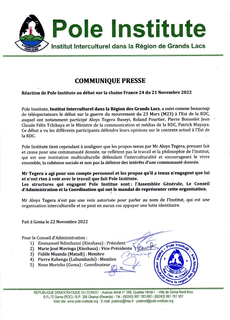 Mise au point.
<a href="/France24_fr/">FRANCE 24 Français</a> <a href="/FRANCE24/">FRANCE 24</a> <a href="/AloysTegera/">Tegera Buseyi Aloys</a> <a href="/PatrickMuyaya/">Patrick Muyaya</a> <a href="/Com_mediasRDC/">Ministère de la Communication et Médias/RDC</a> <a href="/Presidence_RDC/">Présidence RDC 🇨🇩</a> <a href="/GouvNordKivu/">Gouvernorat|Nord-Kivu🇨🇩</a>   @AssembleeN_RDC <a href="/NeneMorisho/">Nene Morisho</a> <a href="/BROT_furdiewelt/">Brot für die Welt</a> <a href="/KemperBarbara/">Barbara Kemper</a> <a href="/UEenRDC/">UE en RDC🇪🇺</a> @InterpeaceTweet <a href="/c_kayser/">Christiane Kayser</a> <a href="/StphAntoine/">Stéphanie Antoine</a> <a href="/kaluwing/">KALUBI UWINGABE JOSEPHA</a> <a href="/MumbereLubula/">Lubula Mumbere</a> @NLkinbrazza <a href="/Internews_RDC/">Internews RDC</a>