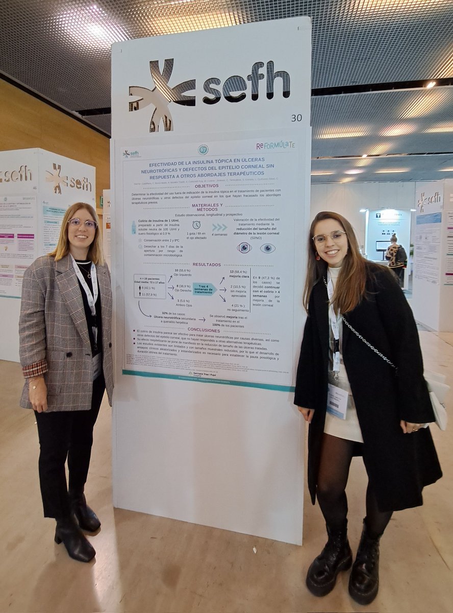 ClaraGCast's tweet photo. "Efectividad de la insulina tópica en úlceras neurotróficas y defectos del epitelio corneal sin respuesta a otros abordajes terapéuticos", trabajo presentado en el @67CongresoSEFH #sefh22 #posterea https://t.co/mrIkezKgng