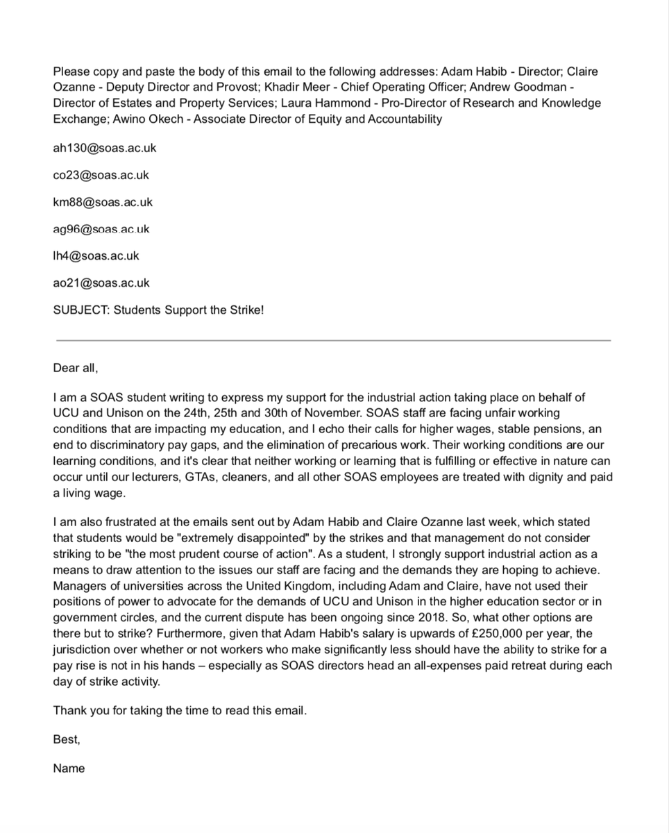 soasstrikesol's tweet photo. It's time we stand up to management. Use this email template (or write your own email!) to express your thoughts to SOAS leadership: https://t.co/hpPCRts2t5 -- Be sure the email comes from your SOAS outlook to ensure it lands in their inboxes! (6/7) https://t.co/j0Tn2znFRr