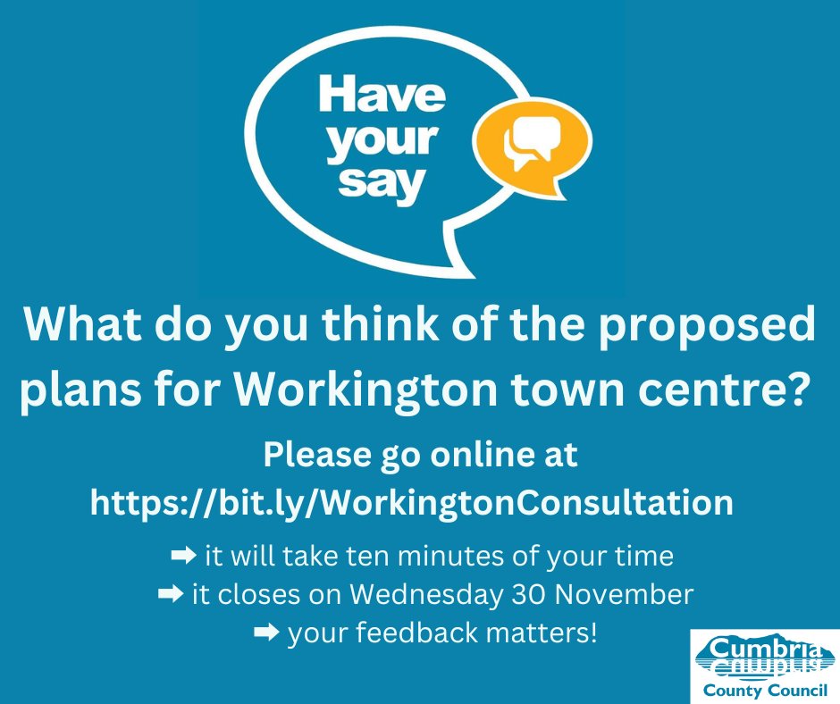 Do you live or work In Workington? If so, your opinion matters to us, what do you think about the future of Workington town centre? Our online consultation is available until Wednesday 30 November, at bit.ly/WorkingtonCons… Thank you for your help 🙏 @allerdale