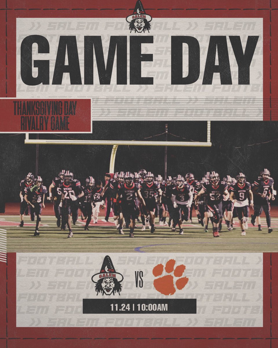 SalemHSFootball's tweet photo. Thanksgiving Day Gameday!! Your Witches take the field at 10 am! #BeatTOB #GoWitch https://t.co/IdokXfBr4e