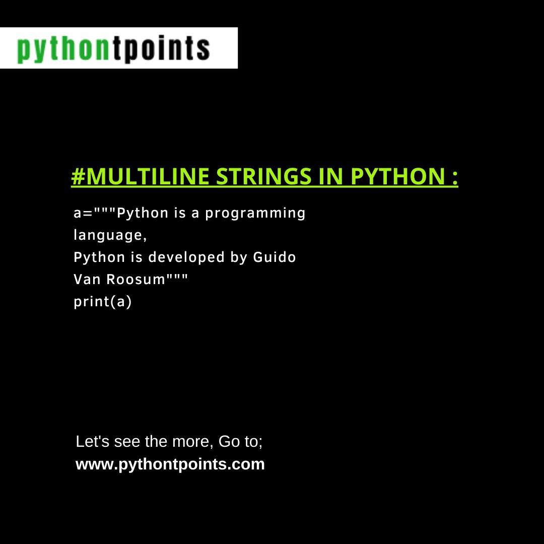 pythontpoint's tweet photo. Learn more about Multiline strings in python with https://t.co/aky86yGYuO
#learning #learnfree #learnpythonfree #pythontpoints #SoftwareCourses #eduactionalpost #education #educational #educationforall #freetutorial  #ProgramForAll #programmer #post #mltutorial
#javatutorial https://t.co/j14U8C4cKr