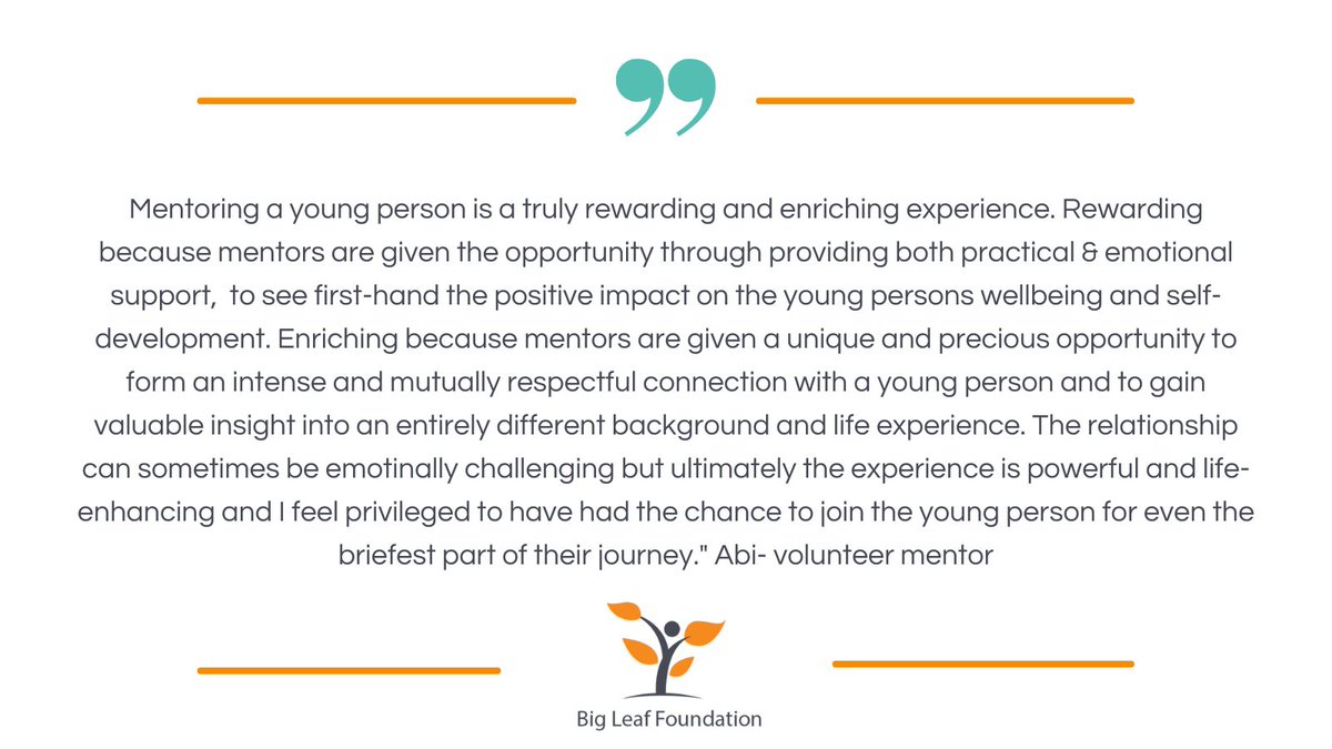 Would you like to mentor a young person? 

We're looking for volunteers with excellent interpersonal skills to help our young people build confidence and plan for their futures. 

Read more below. 
bigleaffoundation.org.uk/volunteer-ment…