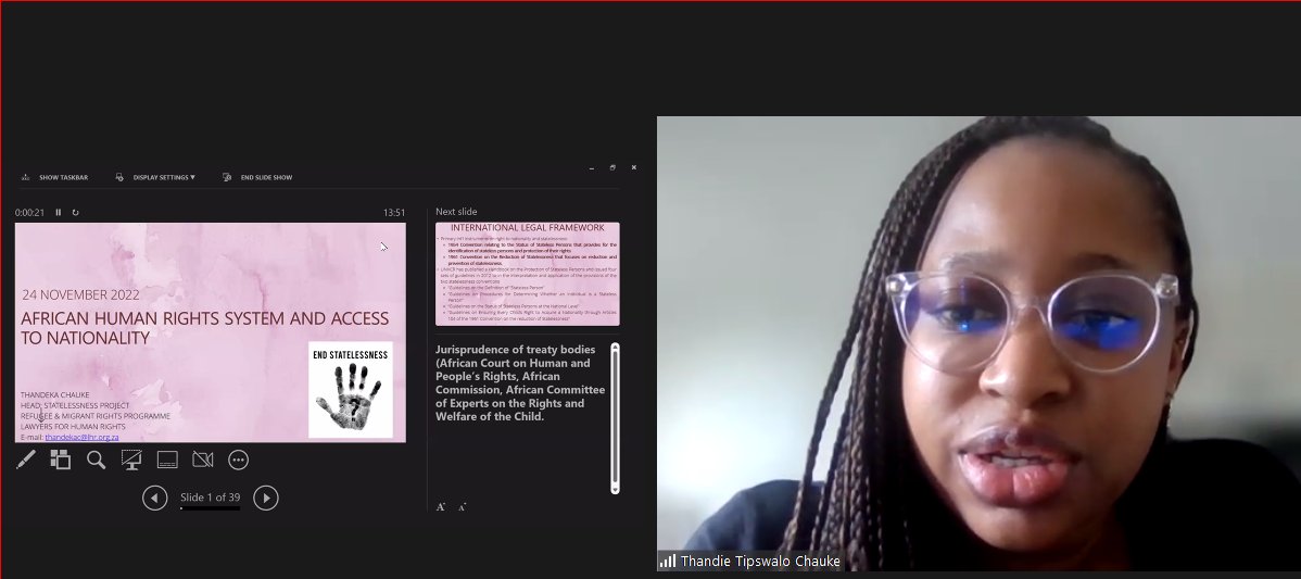 #AHRC2022_FDPA moving on!
Now looking at statelessness in Africa and African regional responses with
Ms Thandeka Chauke
Head, Statelessness Project, Refugee and Migrant Rights, Programme, <a href="/LHR_SA/">Lawyers for Human Rights</a>