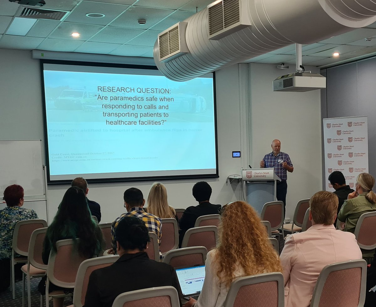 SandraSavocch's tweet photo. A paramedics job is to keep their patients safe, but is the paramedic safe? Lyles research will consider the critical saftey concerns during patient transportation with an aim to improving this for all involved @CharlesSturtUni #FOSHSymposium #graduateresearch #phdlife #Paramedic https://t.co/S2kJ9w7Ahf