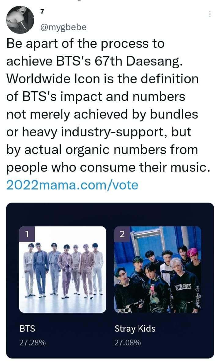 BE PART OF THE RESULT 🙏🙏

WEB (50%):2022mama.com/vote
Spotify (30%):2022mama.com/vote/spotify
YT(10%):youtu.be/kXpOEzNZ8hQ