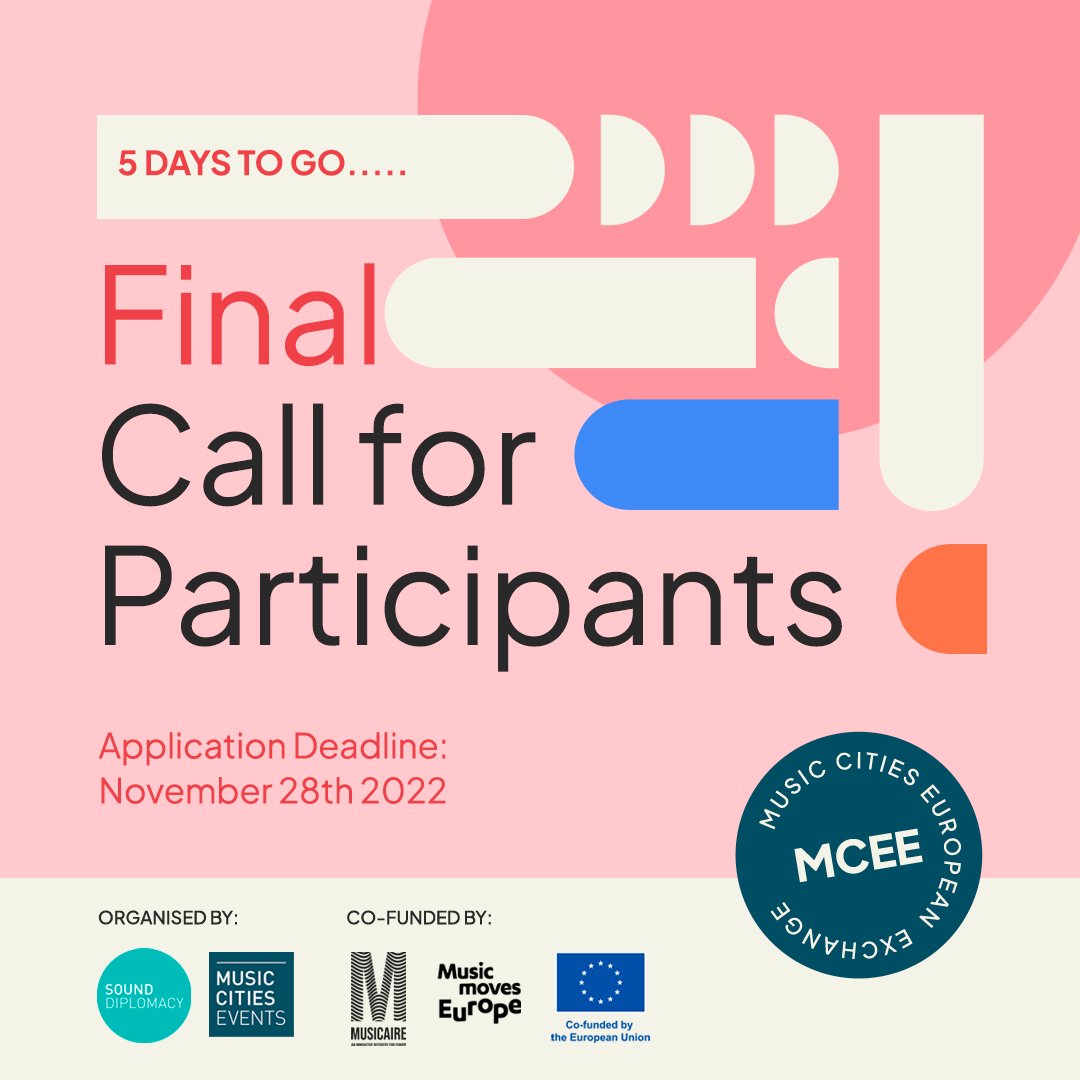 Our Music Cities European Exchange call for applications period closes on 28th November! Apply now to participate in our first capacity-building program outlining the impact of a music city on socio-economic development, night-time economy, and tourism. 

musiccitiesevents.com/mcee