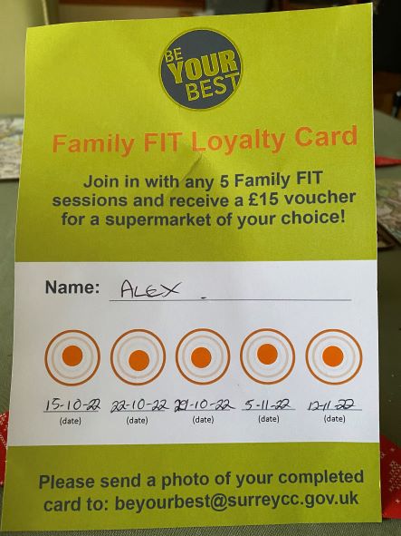 Congratulations to Alex who has completed his Family FIT loyalty card and has just received a £15 supermarket voucher!🥦

Family FIT activity sessions take place on Zoom every Saturday 10:00-10:30 and Wednesday 16:30-17:00.  They are free and open to all families on the programme