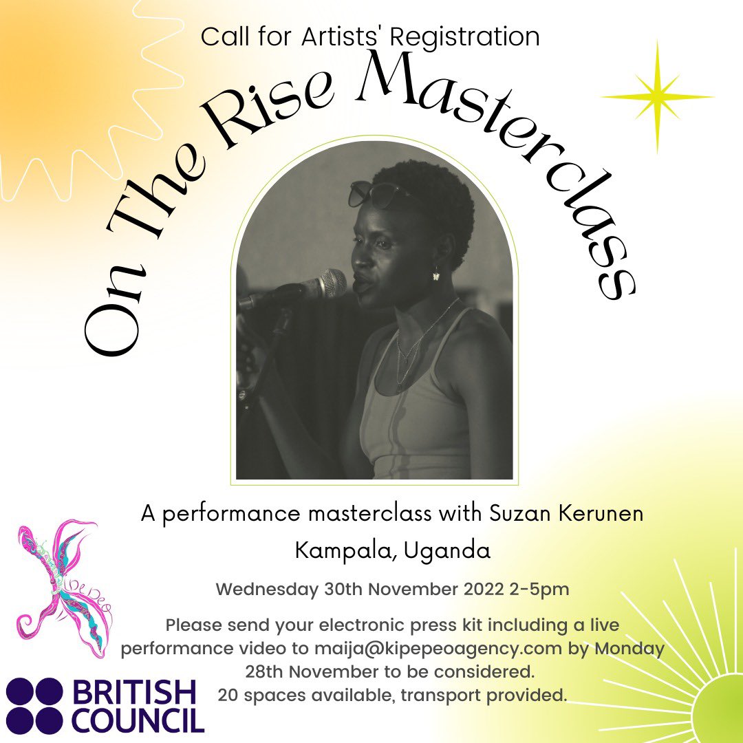 kipepeoagency's tweet photo. Weโre still accepting applications until Monday for musical performers to attend #OnTheRiseMasterclass with @SKERUNEN as part of @UgBritish โs #CreativeHustles program ๐ค
The workshop will take place Wednesday 30th November in #Kampala ๐บ๐ฌ https://t.co/TrfR8DzjLw